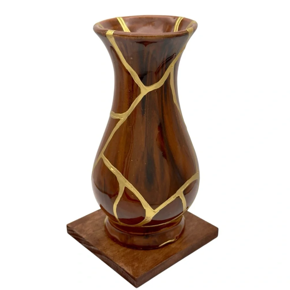 Kintsugi Vase Brown Glazed Pottery Gold Crack Art Anniversary Growth Gift - Picture 10 of 17